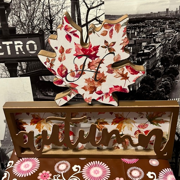 New Home Collection Fall/Autumn Leaves Shelf Sitter Decor Set with Initial “H” - Picture 1 of 7